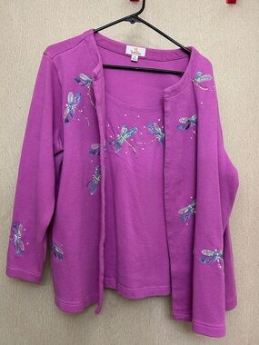 The Quaker Factory - Purple Dragonfly Cardigan Set 100% Cotton - Size 1XL